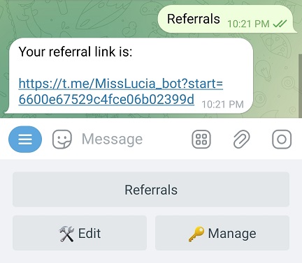 Example of referral link in Telegram