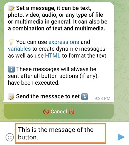 Set message to button or command in a Telegram bot (VisualMaker)